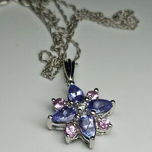 14k Solid White Gold Necklace with Tanzanite and Pink Sapphire